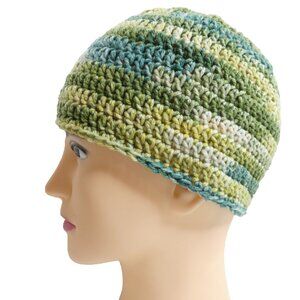 Green Stripes Beanie OS Cap Warm Soft Hat Handmade Crochet Knit NWT